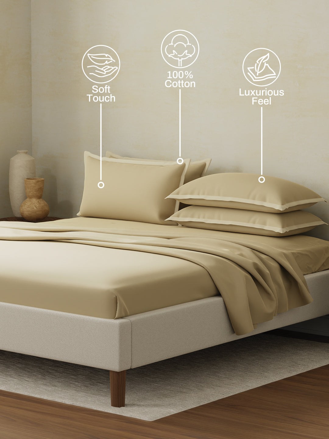 Cotton Charm 400 TC 100% Cotton Beige King Size Dyed Bedsheet with 4 Pillow Covers
