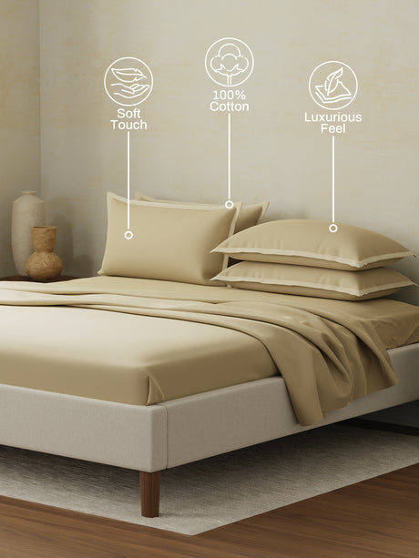 Cotton Charm 400 TC 100% Cotton Beige King Size Dyed Bedsheet with 4 Pillow Covers