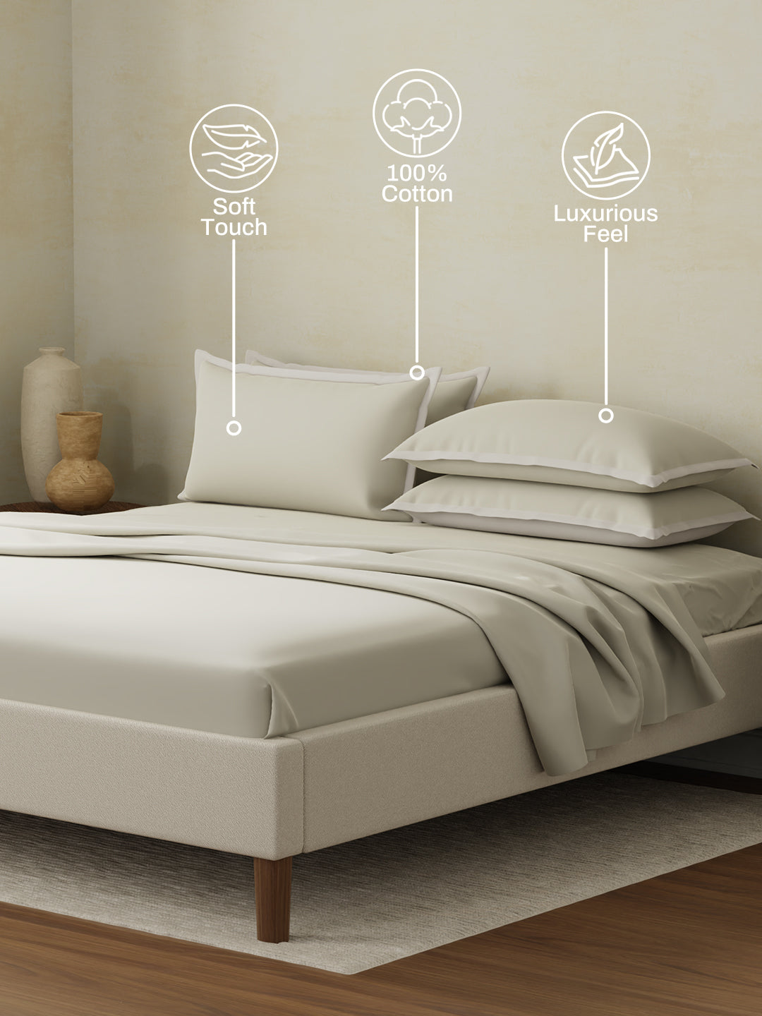 Cotton Charm 400 TC 100% Cotton Cream King Size Dyed Bedsheet with 4 Pillow Covers