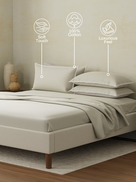 Cotton Charm 400 TC 100% Cotton Cream King Size Dyed Bedsheet with 4 Pillow Covers