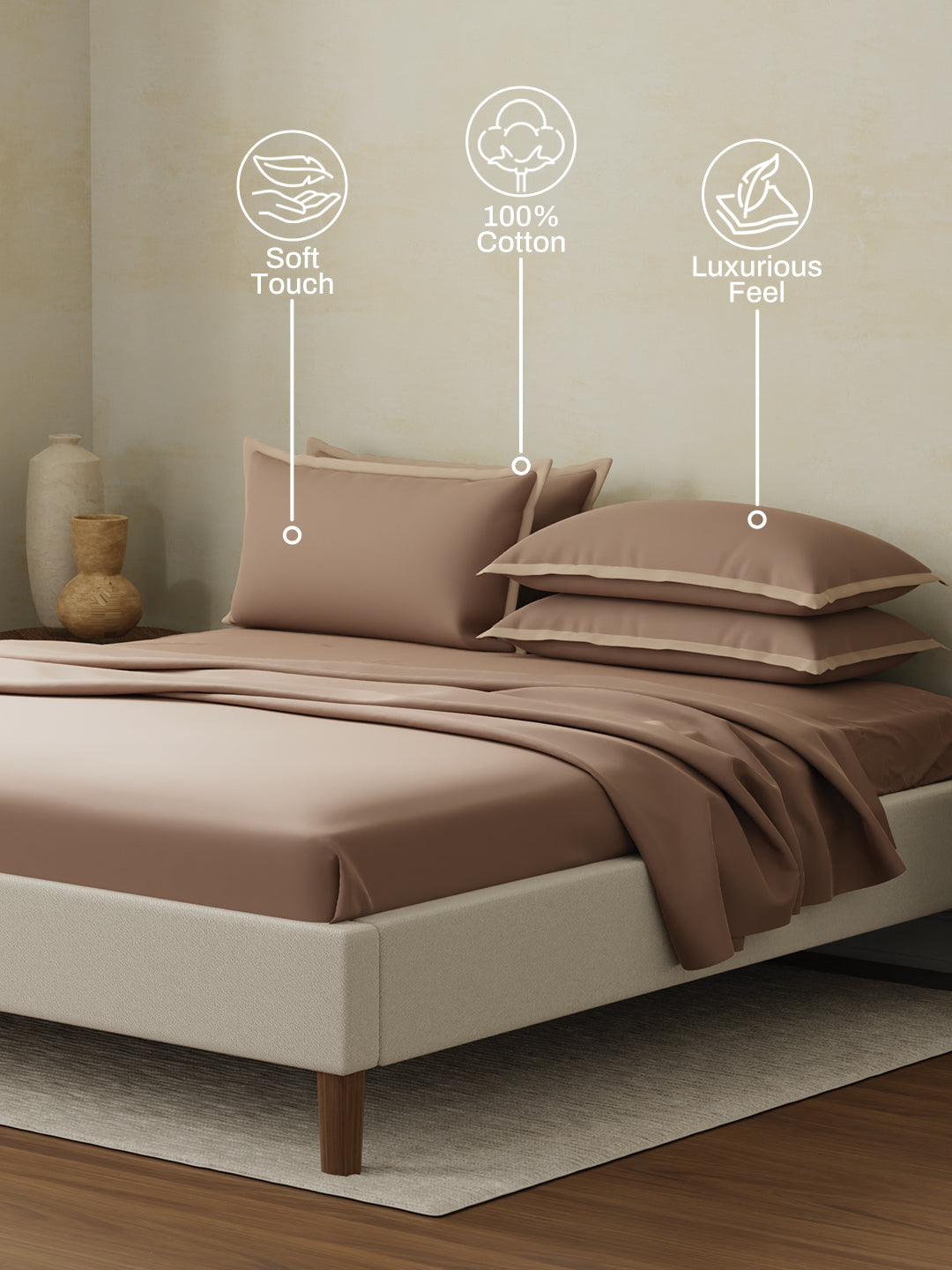 Cotton Charm 400 TC 100% Cotton Brown King Size Dyed Bedsheet with 4 Pillow Covers