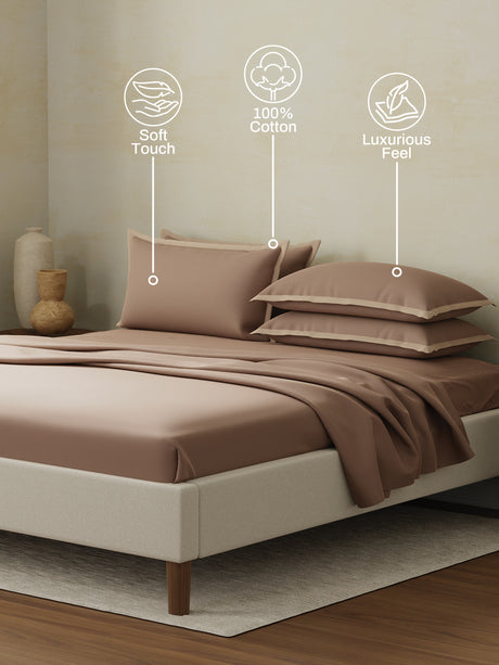 Cotton Charm 400 TC 100% Cotton Brown King Size Dyed Bedsheet with 4 Pillow Covers