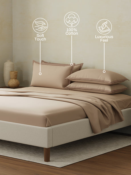 Cotton Charm 400 TC 100% Cotton Beige King Size Dyed Bedsheet with 4 Pillow Covers