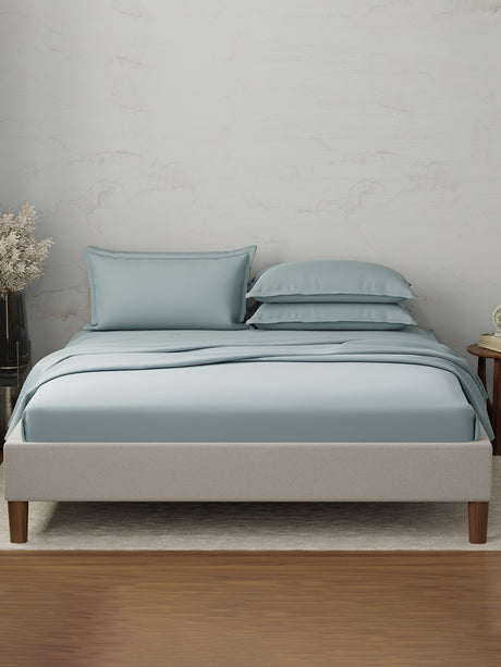 Emblem 100% Cotton 300 TC Blue Solid King Dyed Bedsheet with 4 Pillow Covers
