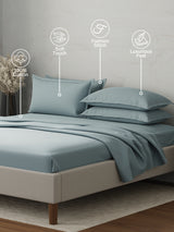 Emblem 100% Cotton 300 TC Blue Solid King Dyed Bedsheet with 4 Pillow Covers