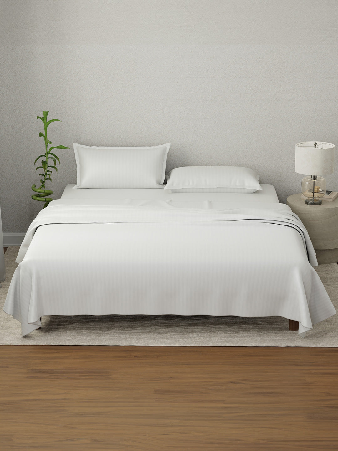 100% Cotton King Bedsheet Set, 210 TC White Stripes, Elegant Collection