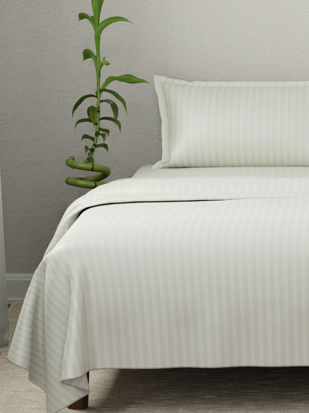 100% Cotton King Bedsheet Set, 210 TC Sage Green Stripes, Elegant Collection