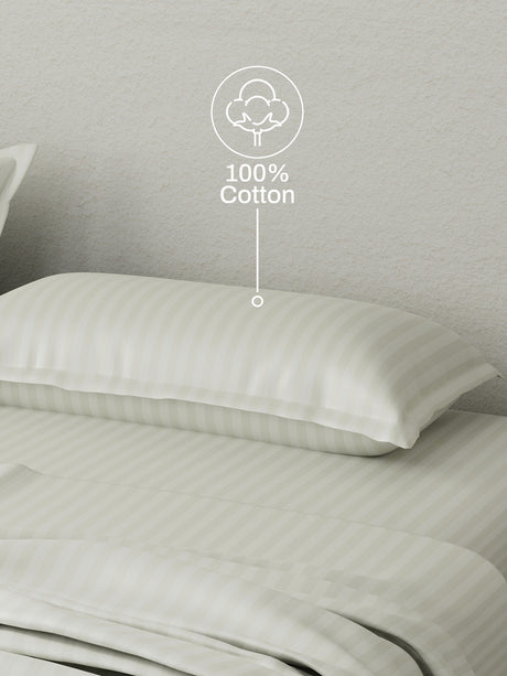 100% Cotton King Bedsheet Set, 210 TC Sage Green Stripes, Elegant Collection