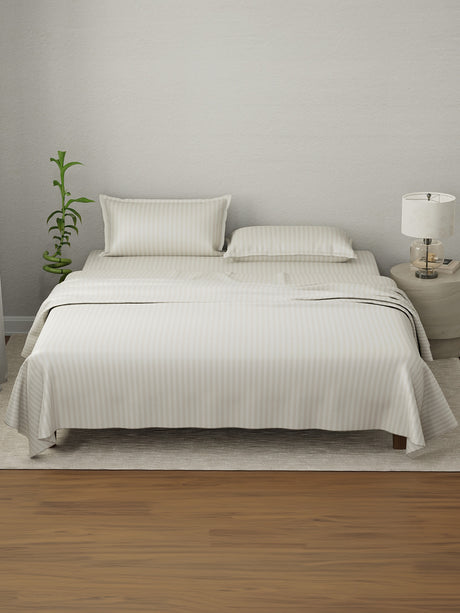 100% Cotton King Bedsheet Set, 210 TC Beige Stripes, Elegant Collection