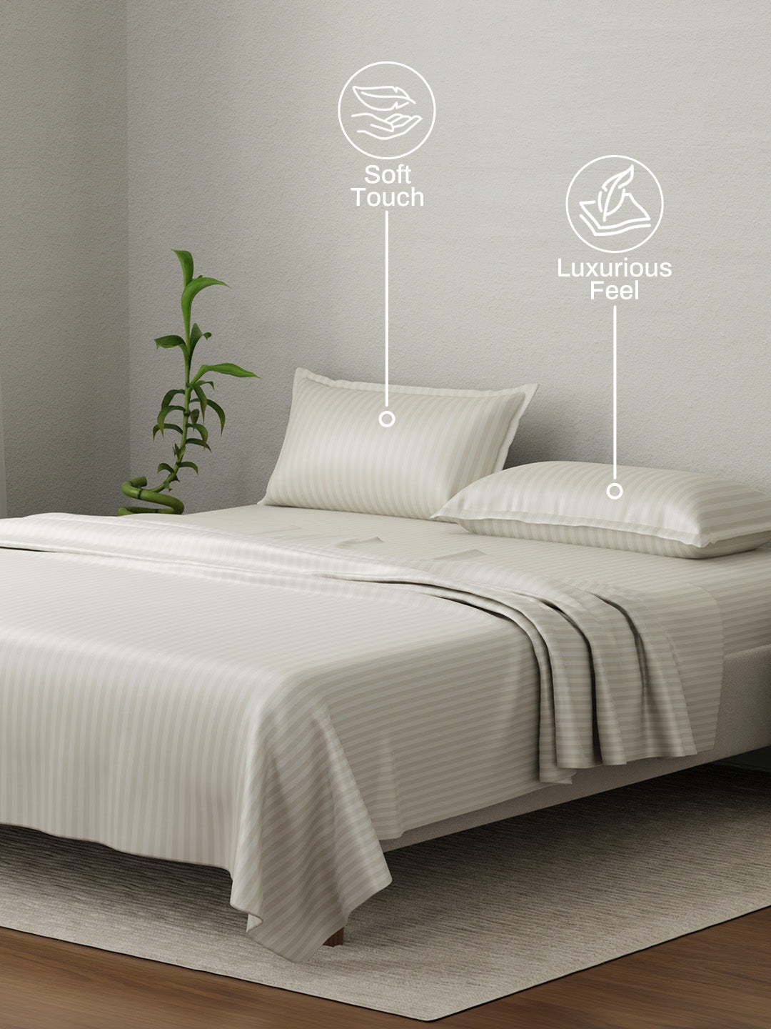100% Cotton King Bedsheet Set, 210 TC Beige Stripes, Elegant Collection