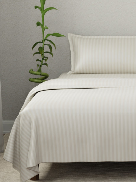 100% Cotton King Bedsheet Set, 210 TC Beige Stripes, Elegant Collection
