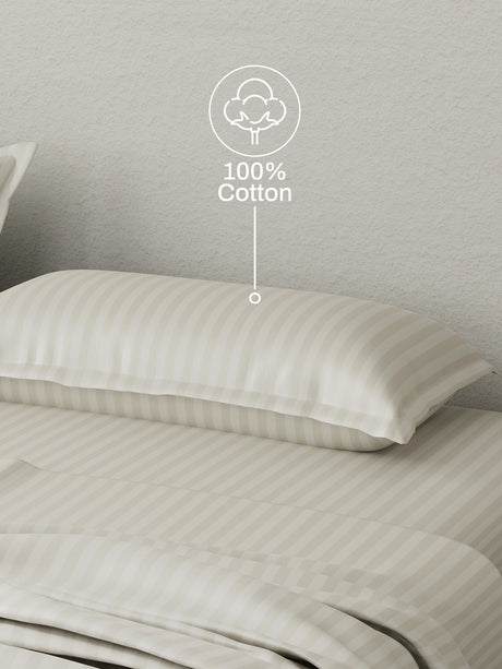 100% Cotton King Bedsheet Set, 210 TC Beige Stripes, Elegant Collection