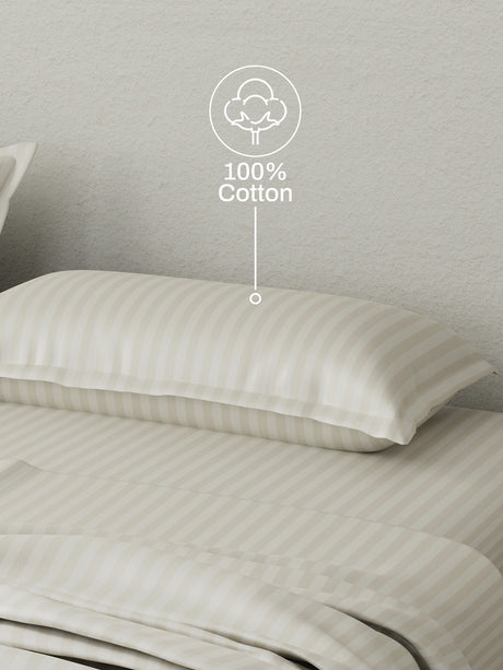 100% Cotton King Bedsheet Set, 210 TC Tan (Light Brown) Stripes, Elegant Collection