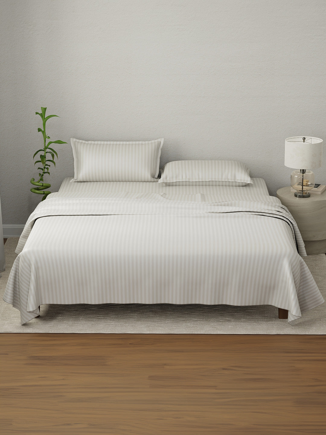 100% Cotton King Bedsheet Set, 210 TC Taupe (Grey) Stripes, Elegant Collection