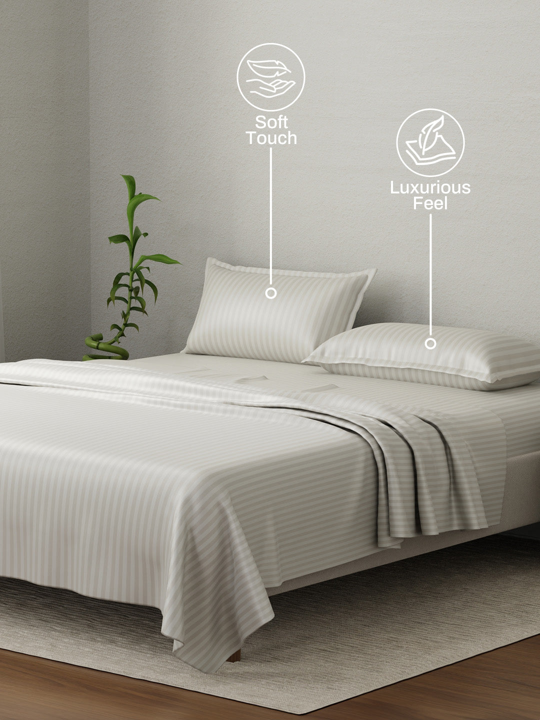 100% Cotton King Bedsheet Set, 210 TC Taupe (Grey) Stripes, Elegant Collection