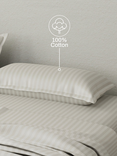 100% Cotton King Bedsheet Set, 210 TC Taupe (Grey) Stripes, Elegant Collection