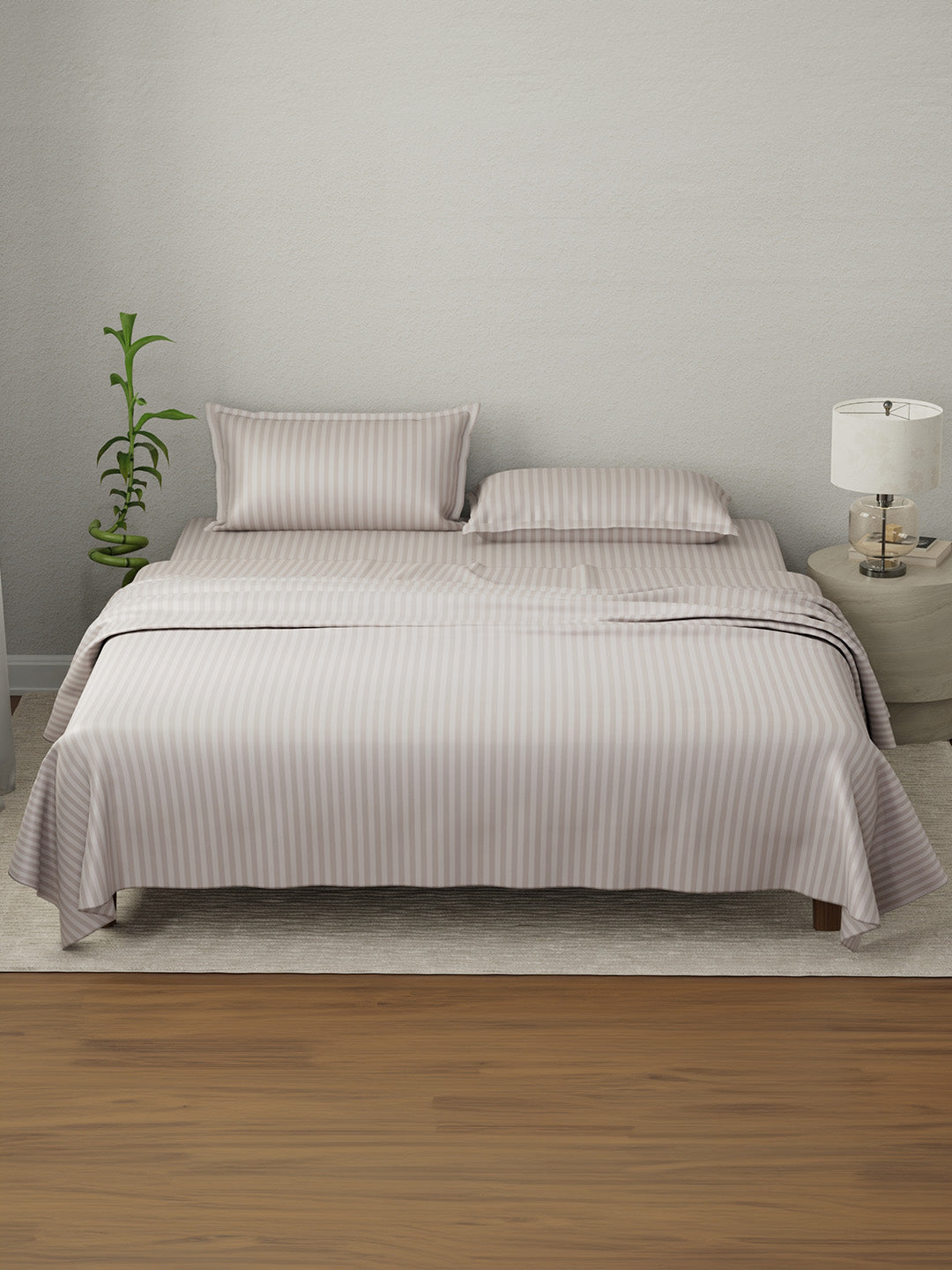 100% Cotton King Bedsheet Set, 210 TC Dawn Pink Stripes, Elegant Collection