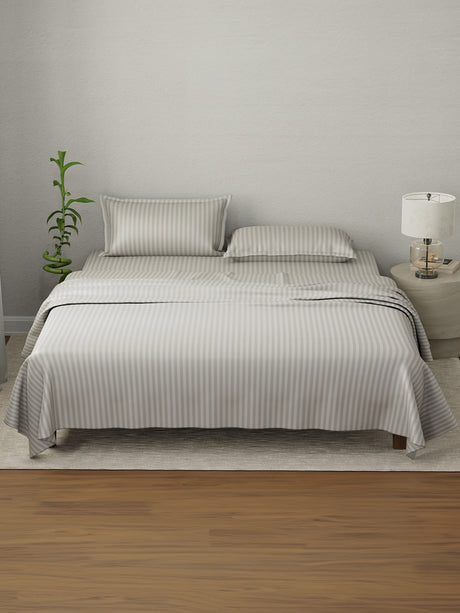 100% Cotton King Bedsheet Set, 210 TC French Oak (Grey) Stripes, Elegant Collection