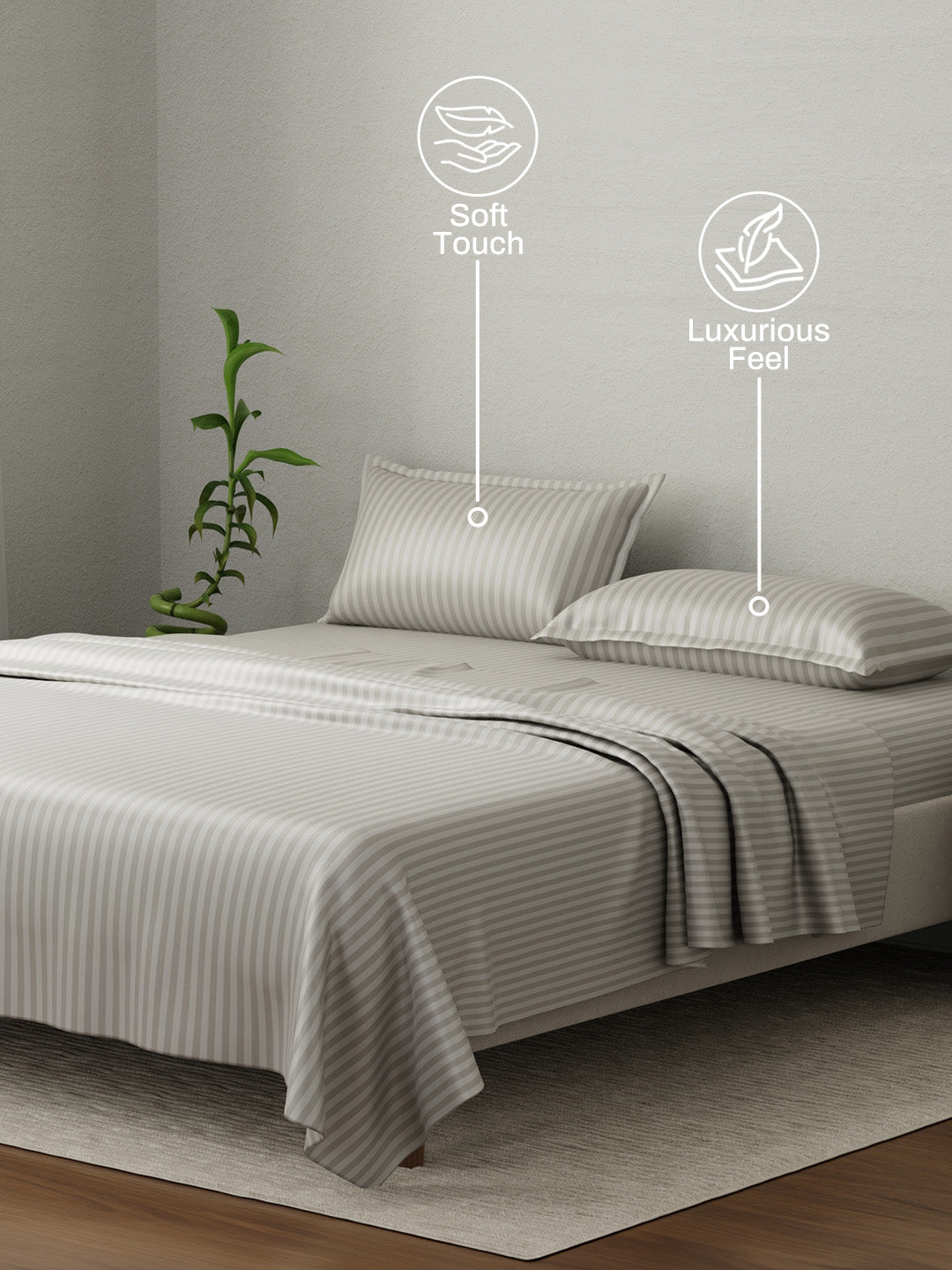 100% Cotton King Bedsheet Set, 210 TC French Oak (Grey) Stripes, Elegant Collection