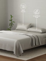 100% Cotton King Bedsheet Set, 210 TC French Oak (Grey) Stripes, Elegant Collection