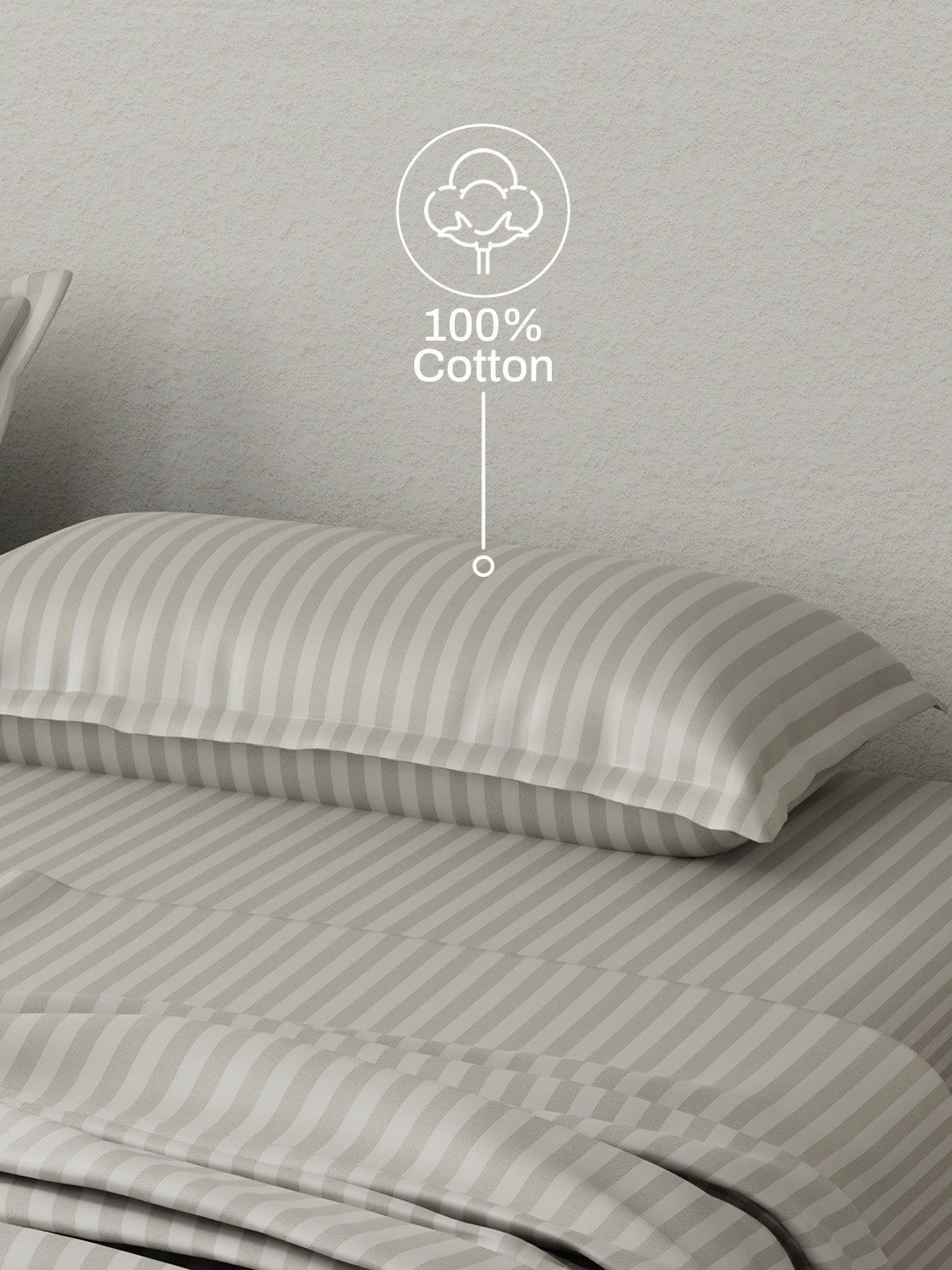 100% Cotton King Bedsheet Set, 210 TC French Oak (Grey) Stripes, Elegant Collection
