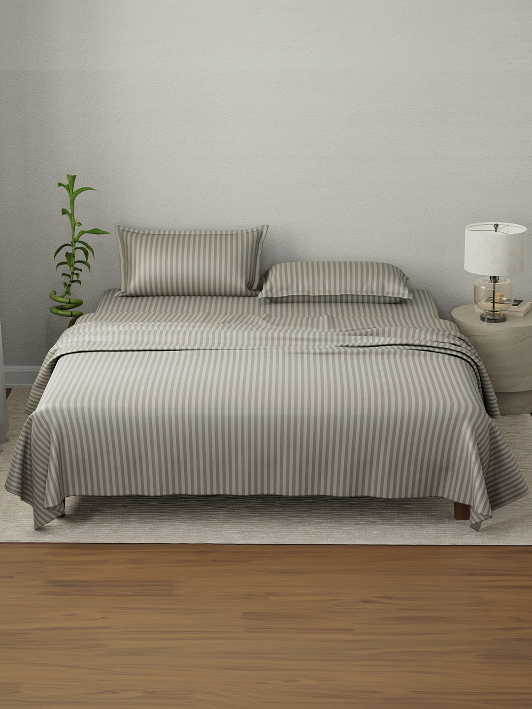100% Cotton King Bedsheet Set, 210 TC Rock Ridge (Grey) Stripes, Elegant Collection