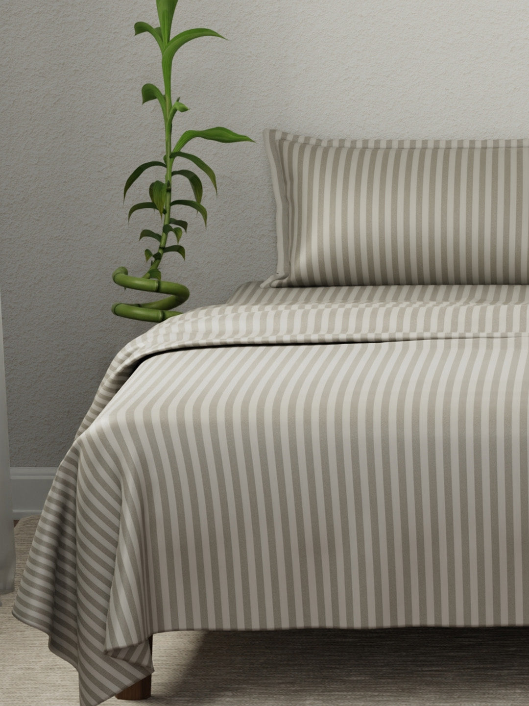 100% Cotton King Bedsheet Set, 210 TC Rock Ridge (Grey) Stripes, Elegant Collection