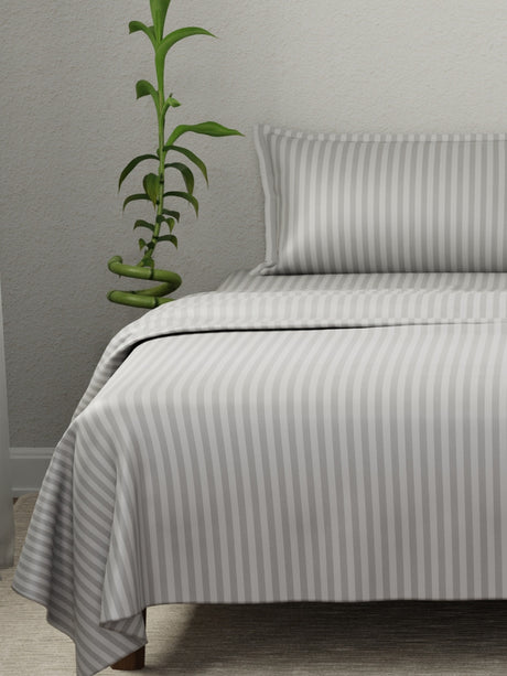 100% Cotton King Bedsheet Set, 210 TC Grey Sky Stripes, Elegant Collection