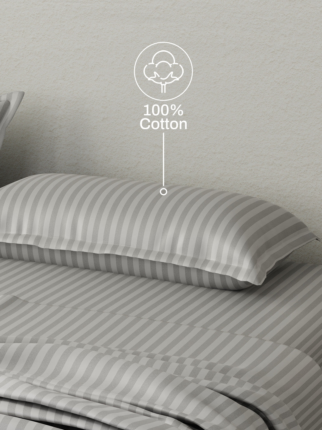 100% Cotton King Bedsheet Set, 210 TC Grey Sky Stripes, Elegant Collection