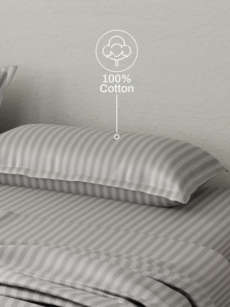 100% Cotton King Bedsheet Set, 210 TC Grey Sky Stripes, Elegant Collection