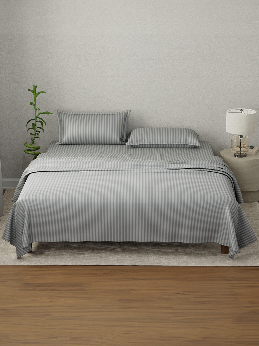 100% Cotton King Bedsheet Set, 210 TC Castle Rock (Grey) Stripes, Elegant Collection