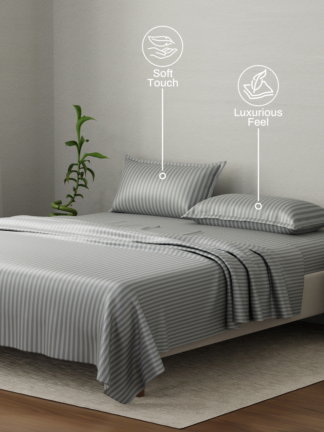 100% Cotton King Bedsheet Set, 210 TC Castle Rock (Grey) Stripes, Elegant Collection
