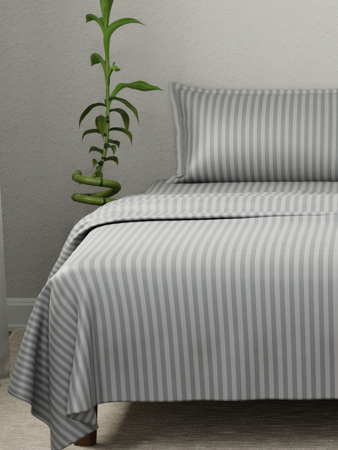 100% Cotton King Bedsheet Set, 210 TC Castle Rock (Grey) Stripes, Elegant Collection