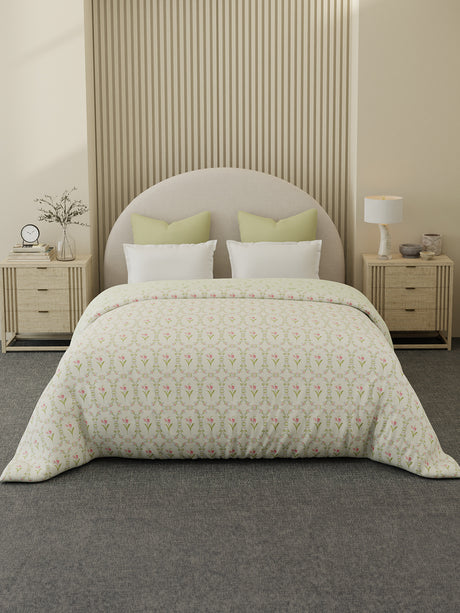 Reversible Double Comforter 100% Cotton 300 TC — Green & Pink Floral Design | For Mild Winter, All Season Cottage Garden Collection, Cozy Winter Bedding