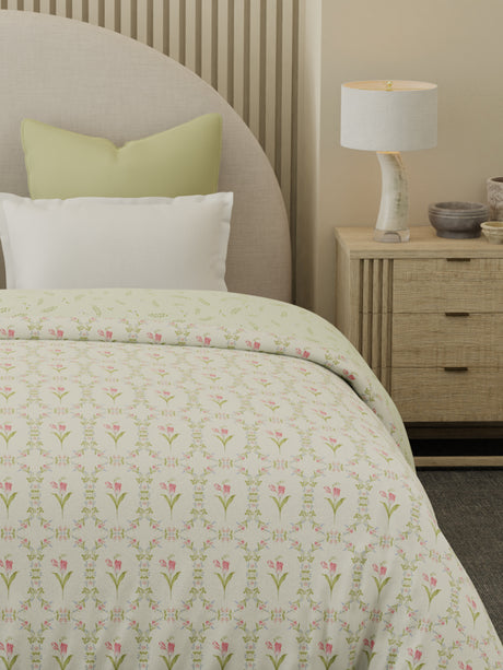 Reversible Double Comforter 100% Cotton 300 TC — Green & Pink Floral Design | For Mild Winter, All Season Cottage Garden Collection, Cozy Winter Bedding
