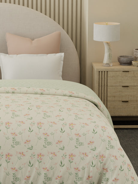 Reversible Double Comforter 100% Cotton 300 TC —  Pink & Green Floral Design | For Mild Winter, All Season Cottage Garden Collection, Cozy Winter Bedding
