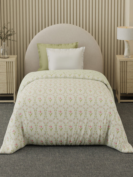 Reversible Single Comforter 100% Cotton 300 TC — Green & Pink Floral Design | For Mild Winter, All Season Cottage Garden Collection, Cozy Winter Bedding