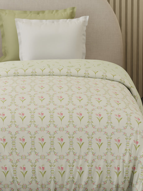 Reversible Single Comforter 100% Cotton 300 TC — Green & Pink Floral Design | For Mild Winter, All Season Cottage Garden Collection, Cozy Winter Bedding