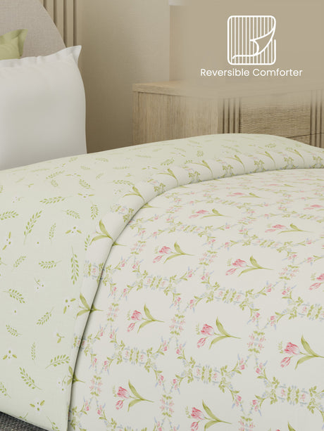 Reversible Single Comforter 100% Cotton 300 TC — Green & Pink Floral Design | Cottage Garden Collection, Cozy Winter Bedding