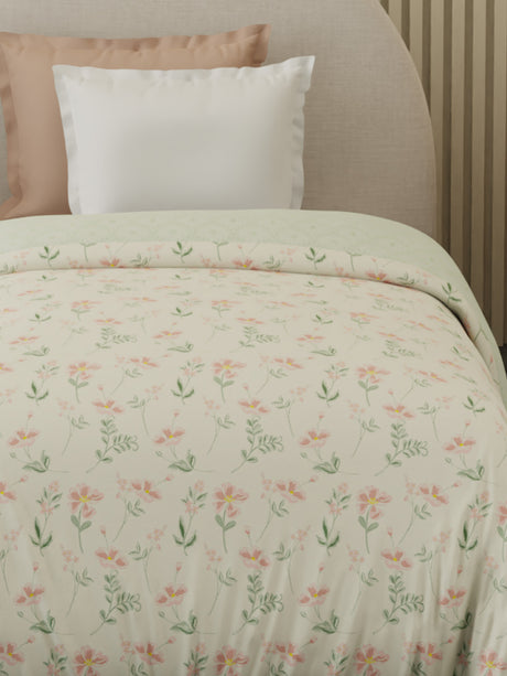 Reversible Single Comforter 100% Cotton 300 TC — Pink & Green Floral Design | For Mild Winter, All Season Cottage Garden Collection, Cozy Winter Bedding