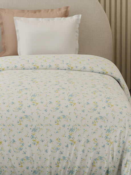 Reversible Single Comforter 100% Cotton 300 TC —  Blue & Green Floral Design | For Mild Winter, All Season Cottage Garden Collection, Cozy Winter Bedding