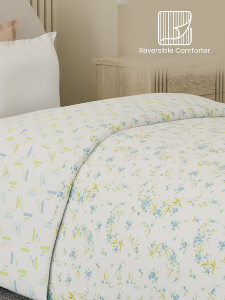 Reversible Single Comforter 100% Cotton 300 TC —  Blue & Green Floral Design | Cottage Garden Collection, Cozy Winter Bedding
