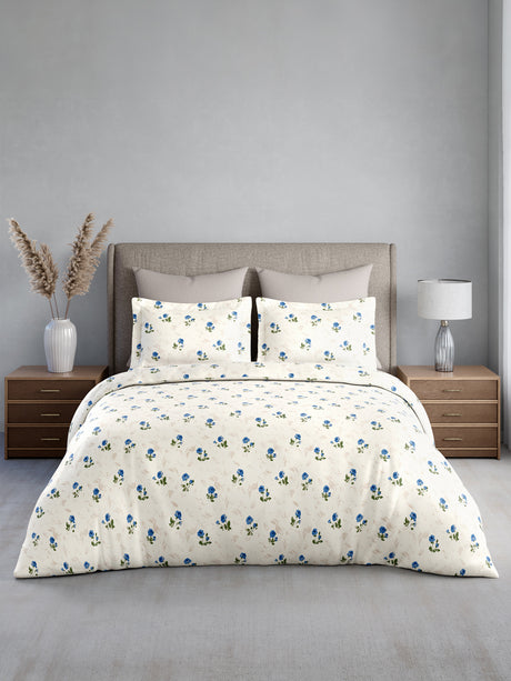 Reversible Double Comforter 100% Cotton 300 TC — Blue Floral Design | For Mild Winter, All Season Cottage Garden Collection, Cozy Winter Bedding