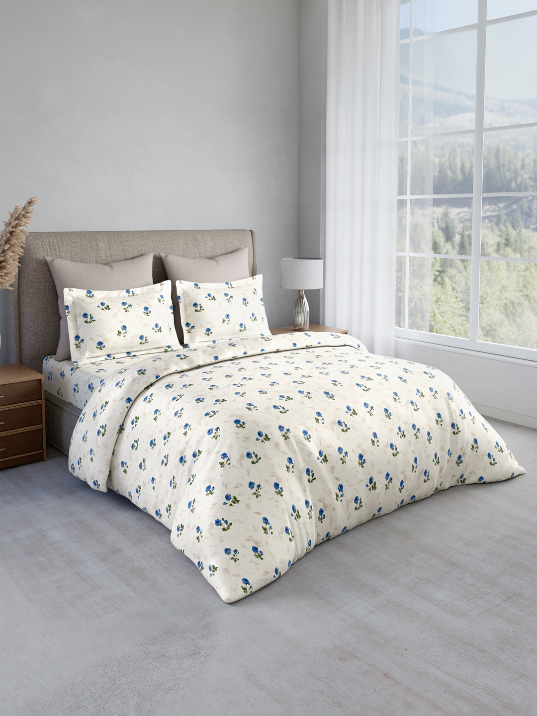 Reversible Double Comforter 100% Cotton 300 TC — Blue Floral Design | For Mild Winter, All Season Cottage Garden Collection, Cozy Winter Bedding