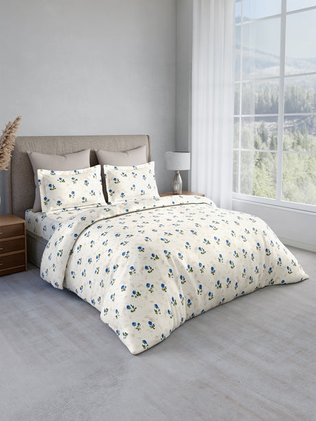 Reversible Double Comforter 100% Cotton 300 TC — Blue Floral Design | For Mild Winter, All Season Cottage Garden Collection, Cozy Winter Bedding