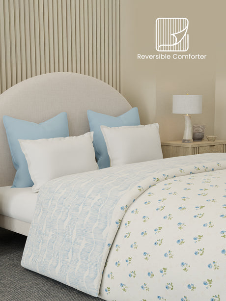 Perfect for Winter, 100% Cotton 300 TC, Blue Floral, Reversible Double Size Comforter (Cottage Garden Collection)