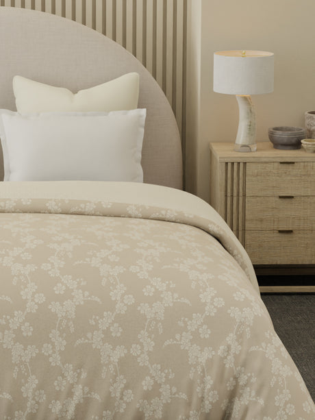 Reversible Double Comforter 100% Cotton 300 TC — Beige Floral Design | For Mild Winter, All Season Cottage Garden Collection, Cozy Winter Bedding