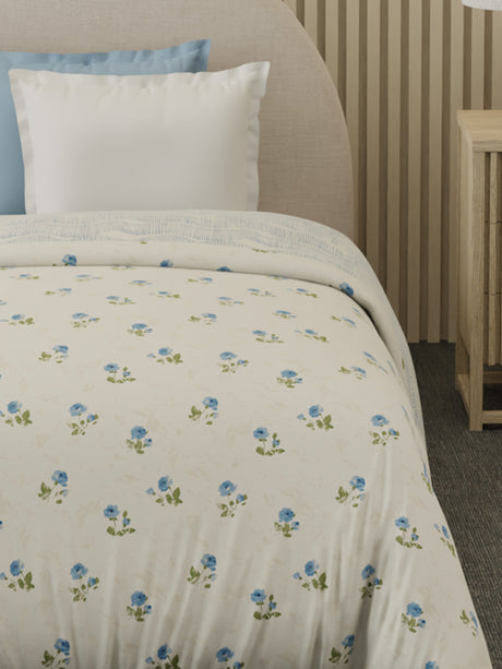 Reversible Single Comforter 100% Cotton 300 TC — Blue Floral Design | For Mild Winter, All Season Cottage Garden Collection, Cozy Winter Bedding