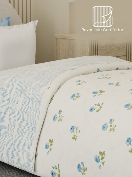 Reversible Single Comforter 100% Cotton 300 TC — Blue Floral Design | Cottage Garden Collection, Cozy Winter Bedding