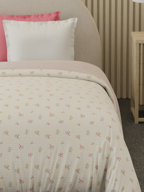 Reversible Single Comforter 100% Cotton 300 TC —  Pink Floral Design | For Mild Winter, All Season Cottage Garden Collection, Cozy Winter Bedding